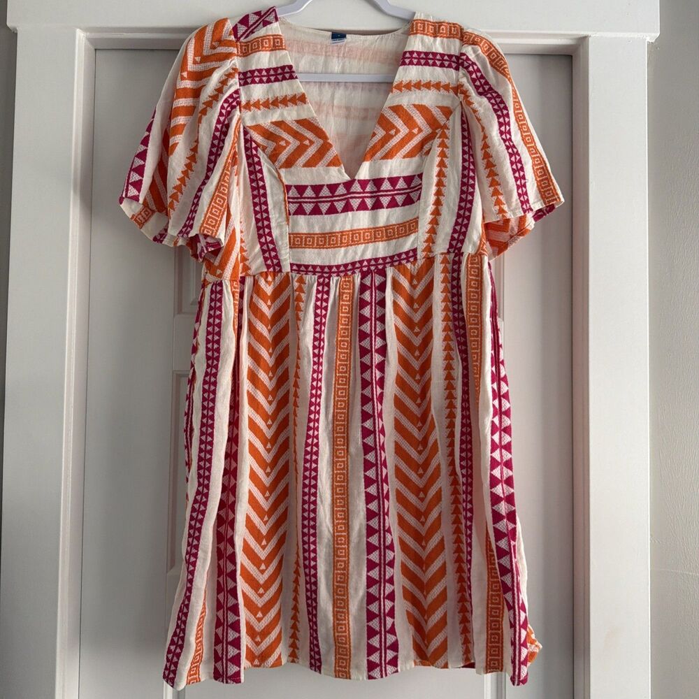Old Navy Geometric Aztec Strip Babydoll Mini Dress Summer Chic Tomato Girl Sm